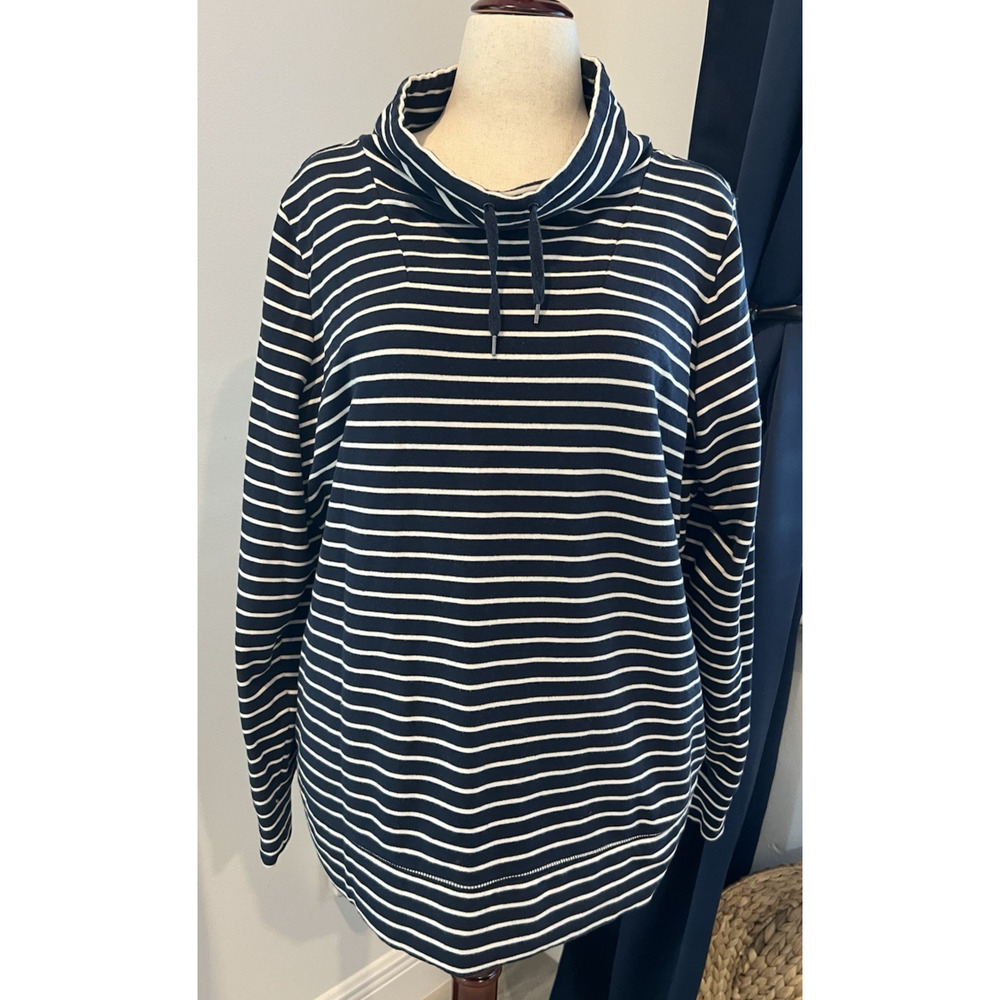 LL BEAN Sweatshirt 1X Blue White Pullover Funnelneck Fishing Hiking Riding Cozy